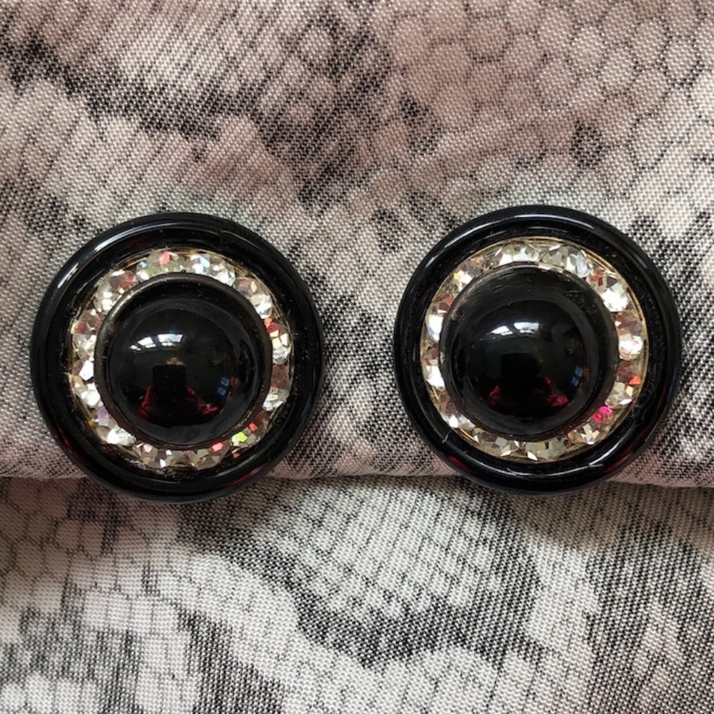 VTG 1960s Rhinestone Black Glass Screw Back Earrings West Germany
